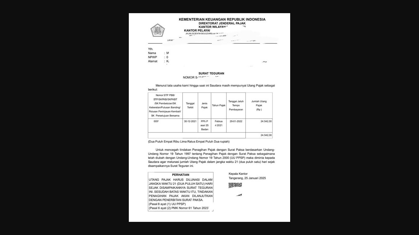 Ilustrasi Surat Teguran PPh 25